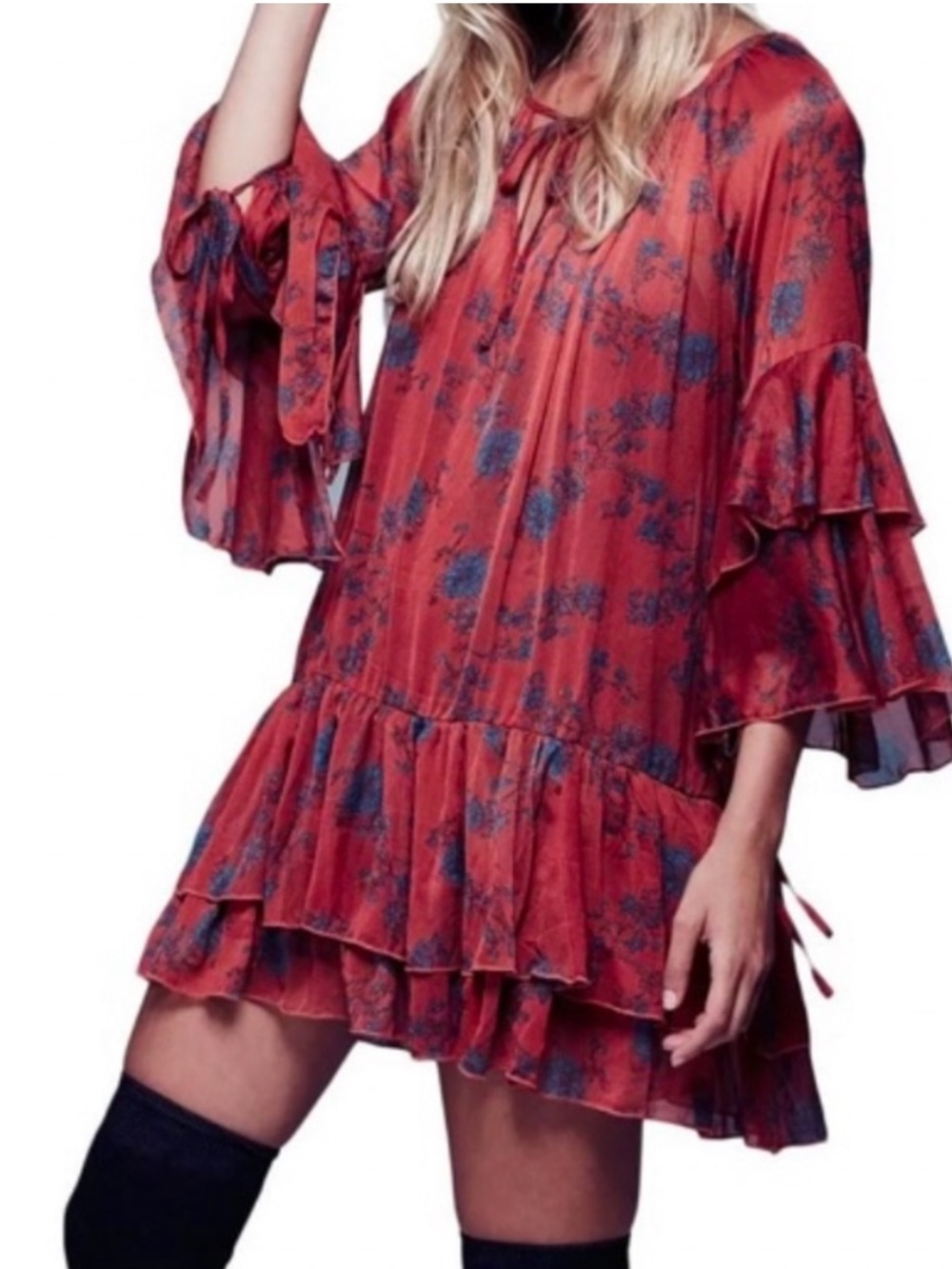 Free People Red Floral Tie-Neck Ruffle Tunic